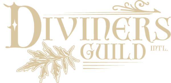 Diviners Guild Intl. wordmark in gold with a sprig of leaves