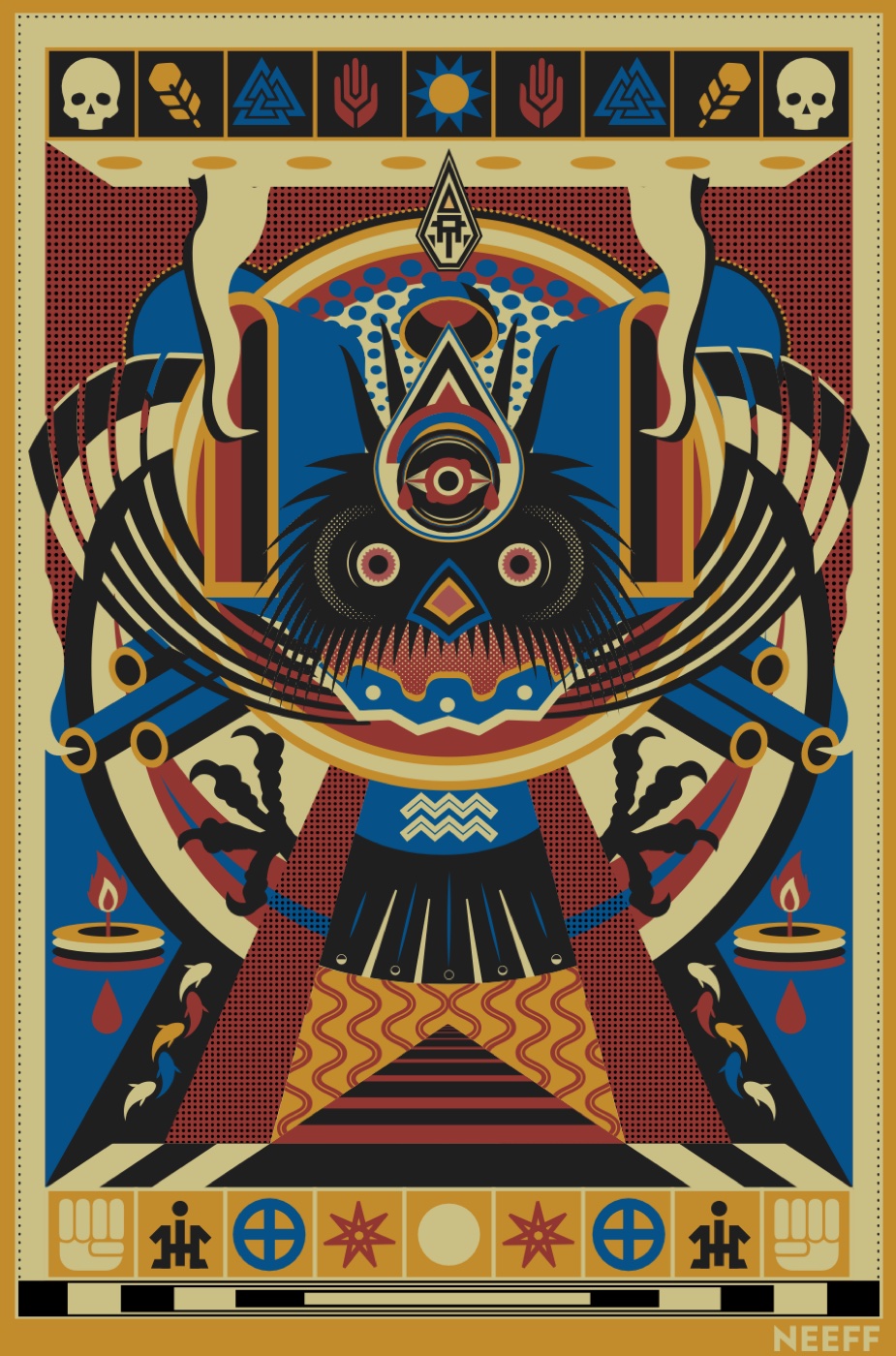 Symmetrical poster of an owl deity with a third eye, spread wings and talons, in red, blue, gold, black and cream, framed by rows of glyphs: skulls, hands, suns, valknuts